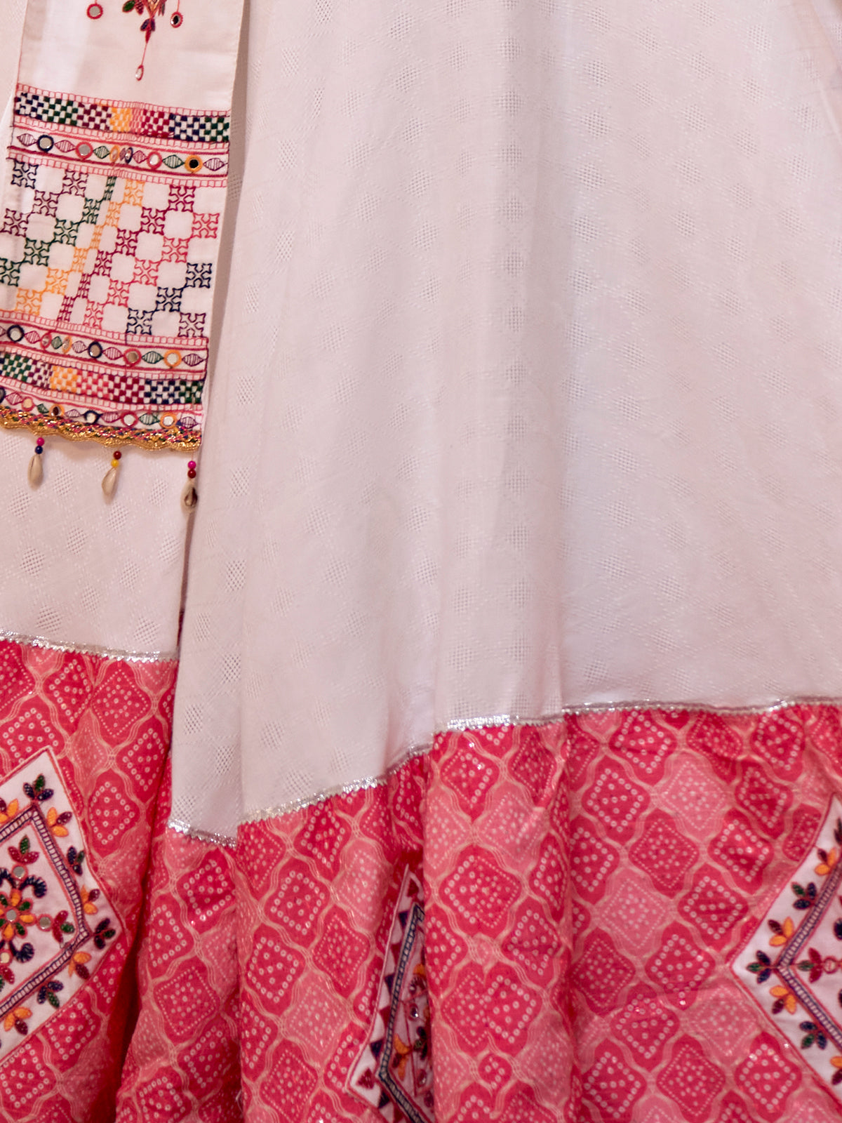 White And Pink Jacquard Cotton Embroidered Semi Stitched Lehenga Choli