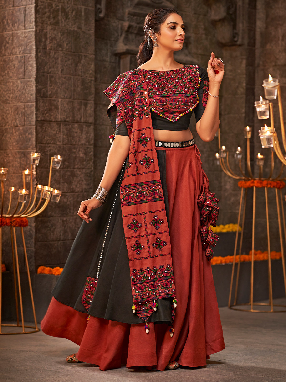 Maroon Cotton Embroidered Semi Stitched Lehenga Choli