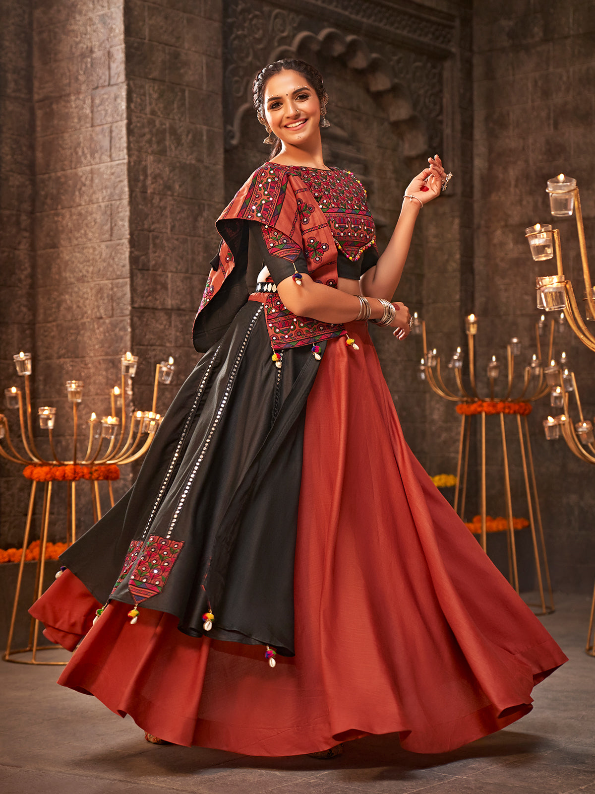 Maroon Cotton Embroidered Semi Stitched Lehenga Choli