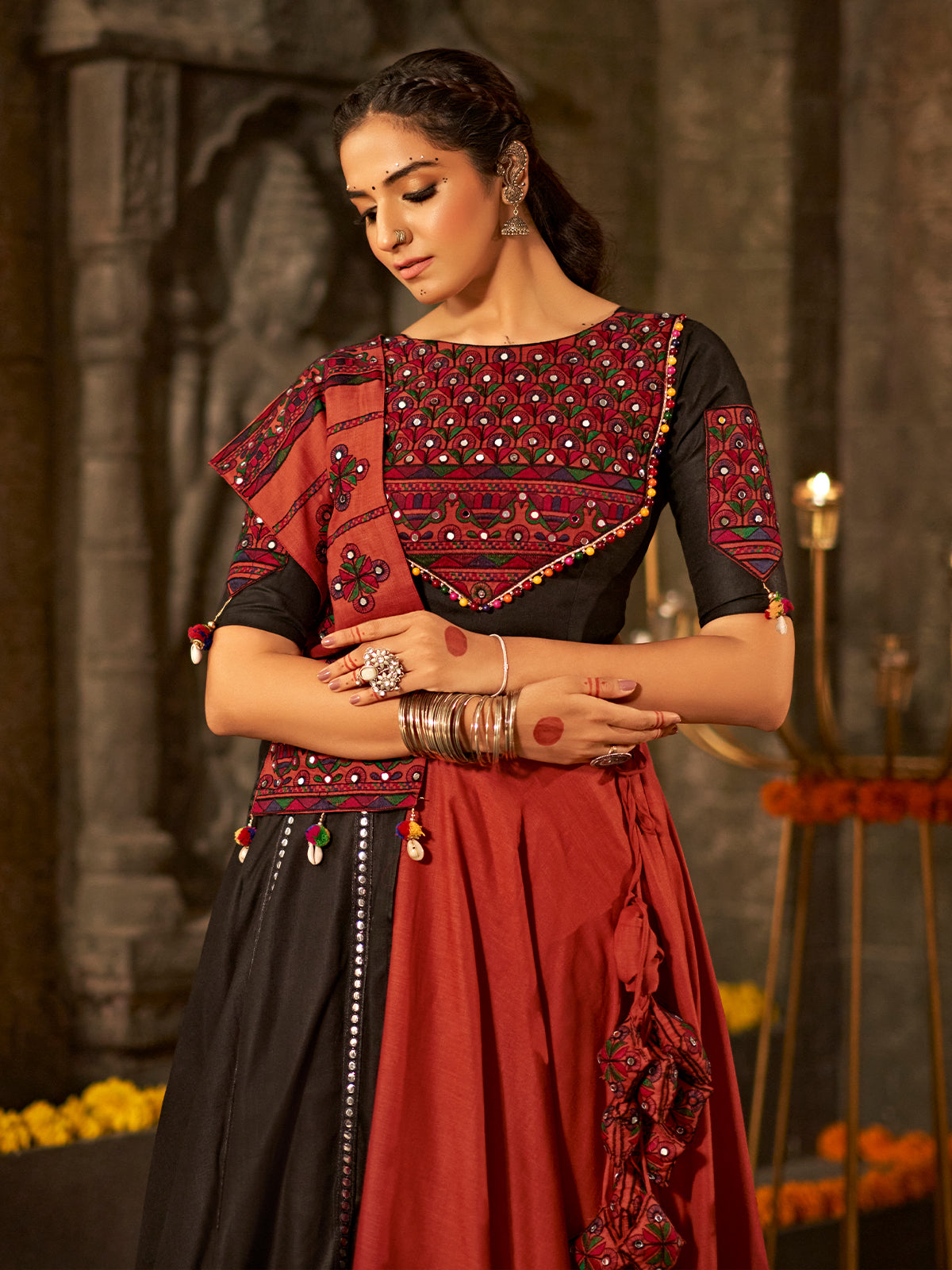 Maroon Cotton Embroidered Semi Stitched Lehenga Choli