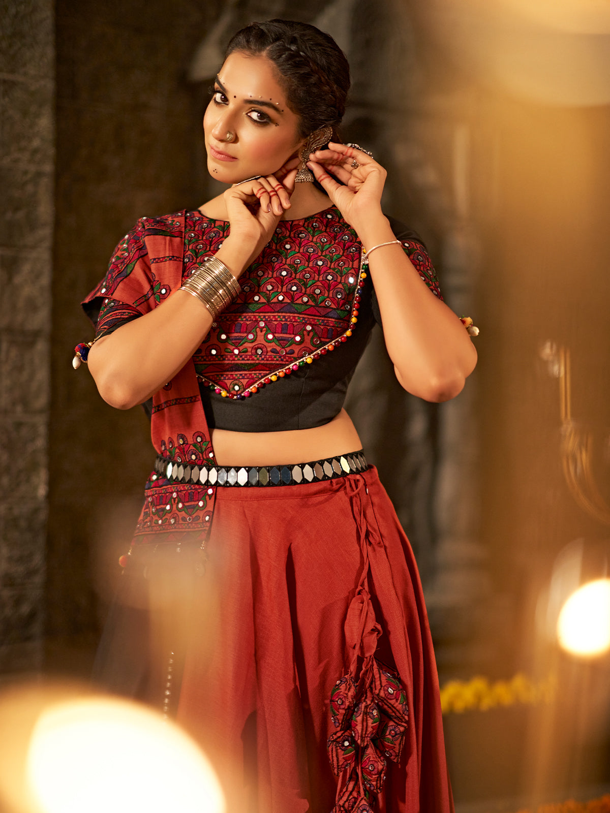 Maroon Cotton Embroidered Semi Stitched Lehenga Choli