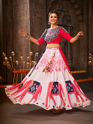 White And Pink Rayon Embroidered Semi Stitched Lehenga Choli