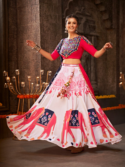 White And Pink Rayon Embroidered Semi Stitched Lehenga Choli