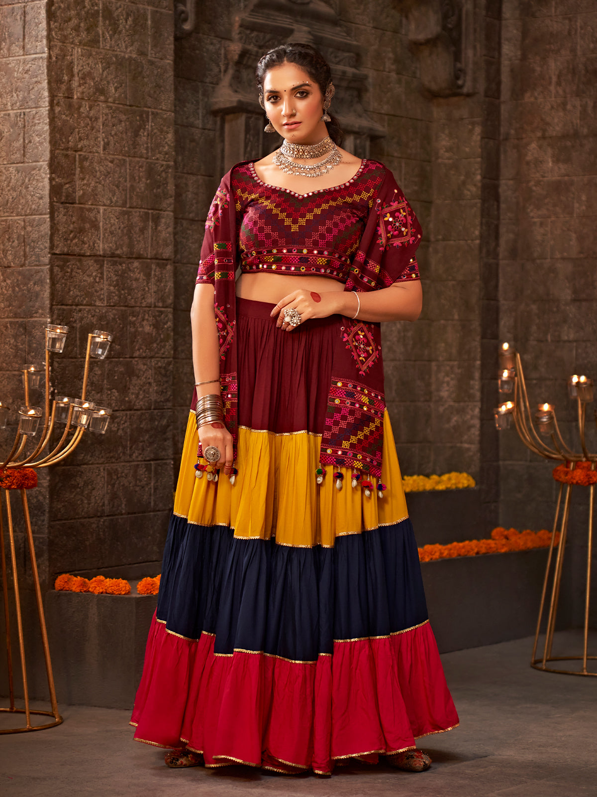 Multicolor Viscose Rayon Embroidered Semi Stitched Lehenga Choli