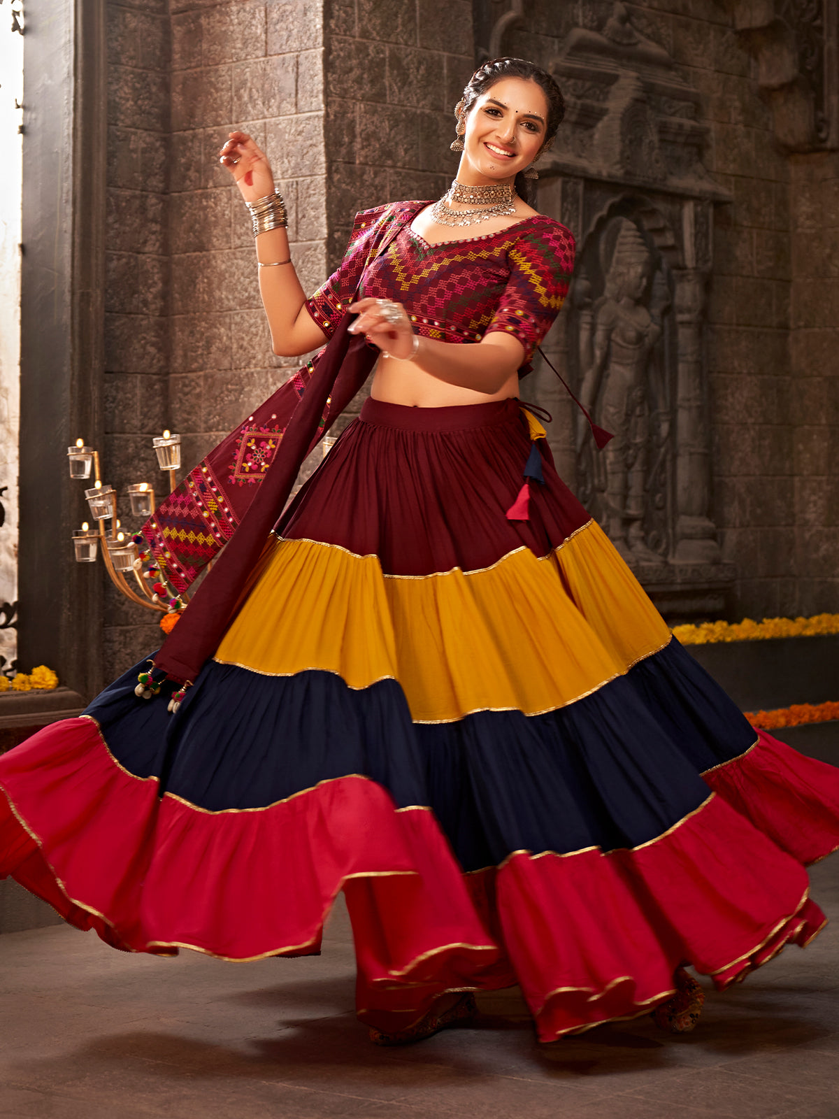 Multicolor Viscose Rayon Embroidered Semi Stitched Lehenga Choli