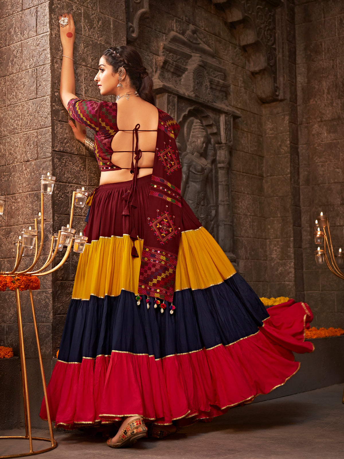 Multicolor Viscose Rayon Embroidered Semi Stitched Lehenga Choli
