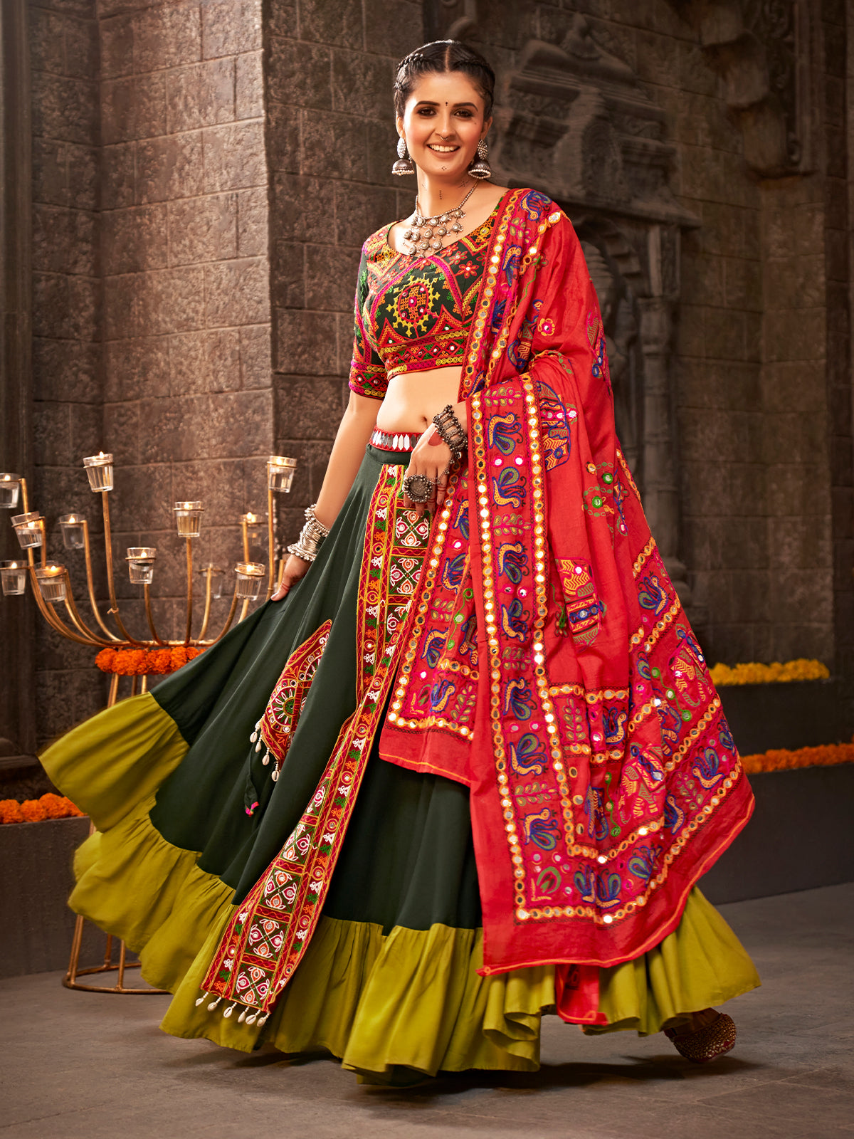Green Viscose Rayon Embroidered Semi Stitched Lehenga Choli