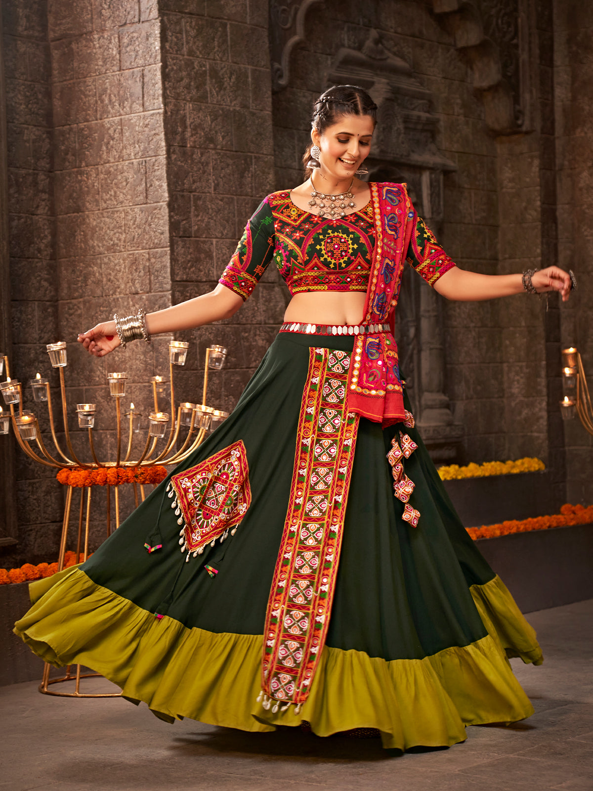 Green Viscose Rayon Embroidered Semi Stitched Lehenga Choli