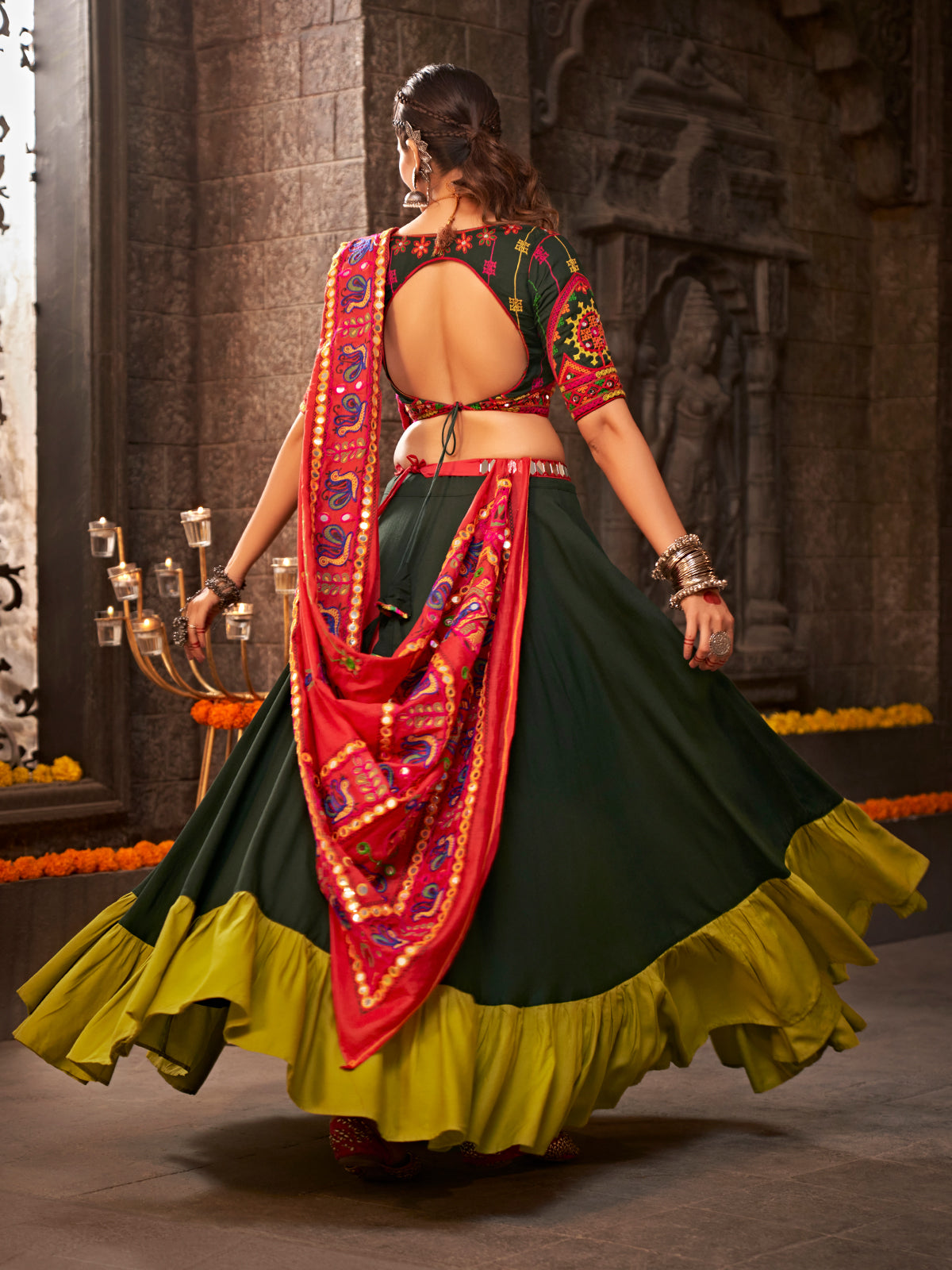 Green Viscose Rayon Embroidered Semi Stitched Lehenga Choli