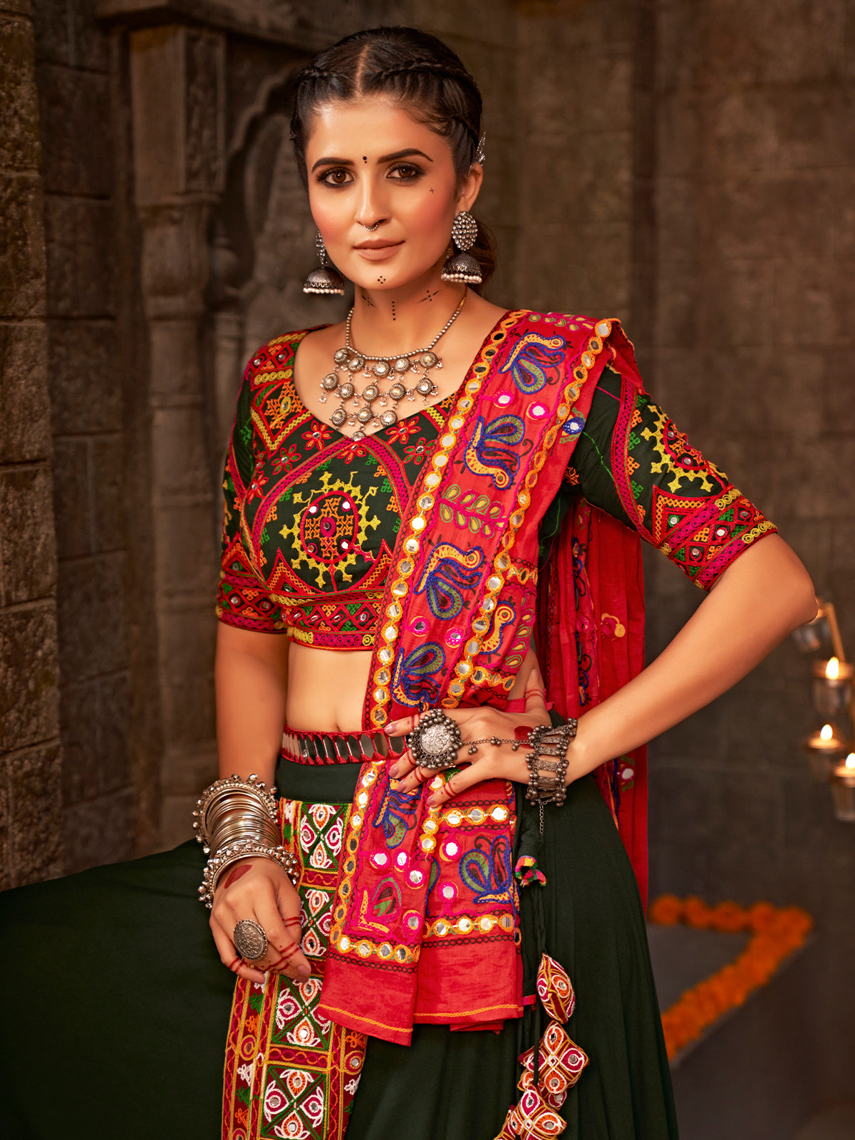 Green Viscose Rayon Embroidered Semi Stitched Lehenga Choli