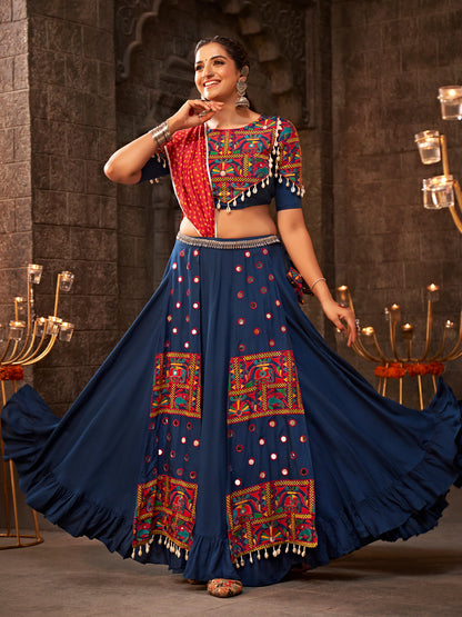 Blue Viscose Rayon Embroidered Semi Stitched Lehenga Choli
