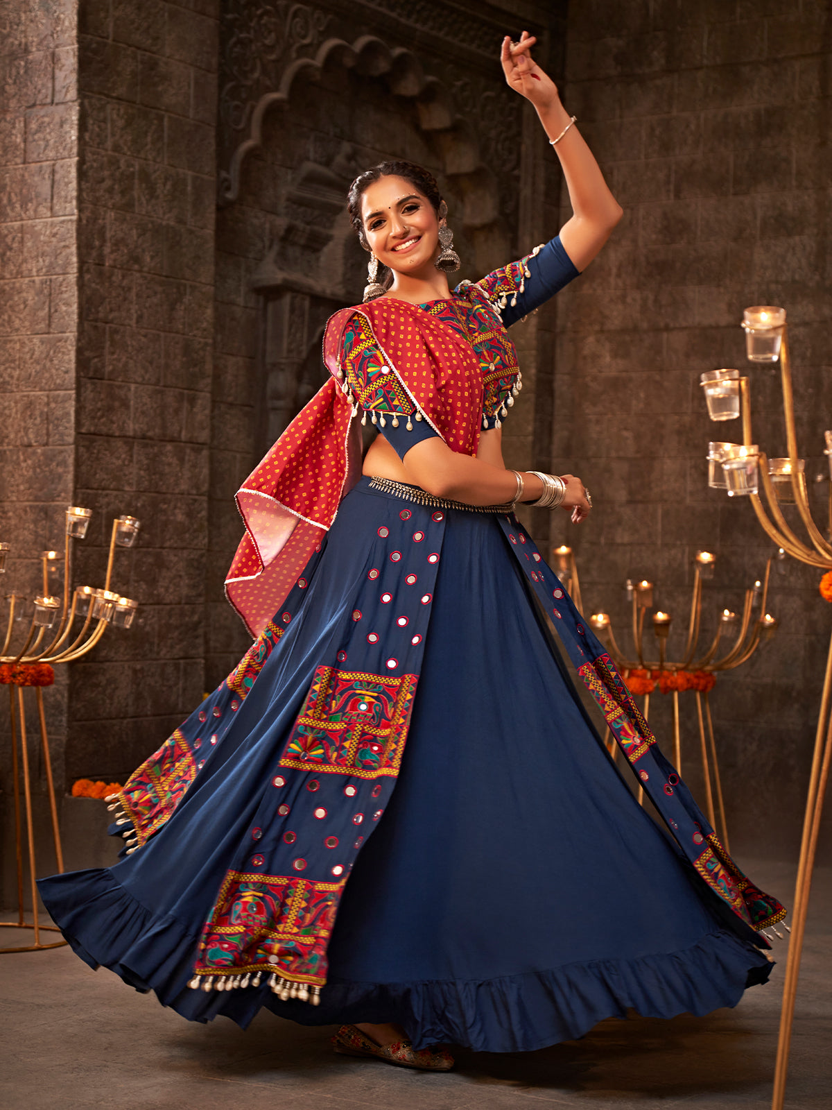 Blue Viscose Rayon Embroidered Semi Stitched Lehenga Choli
