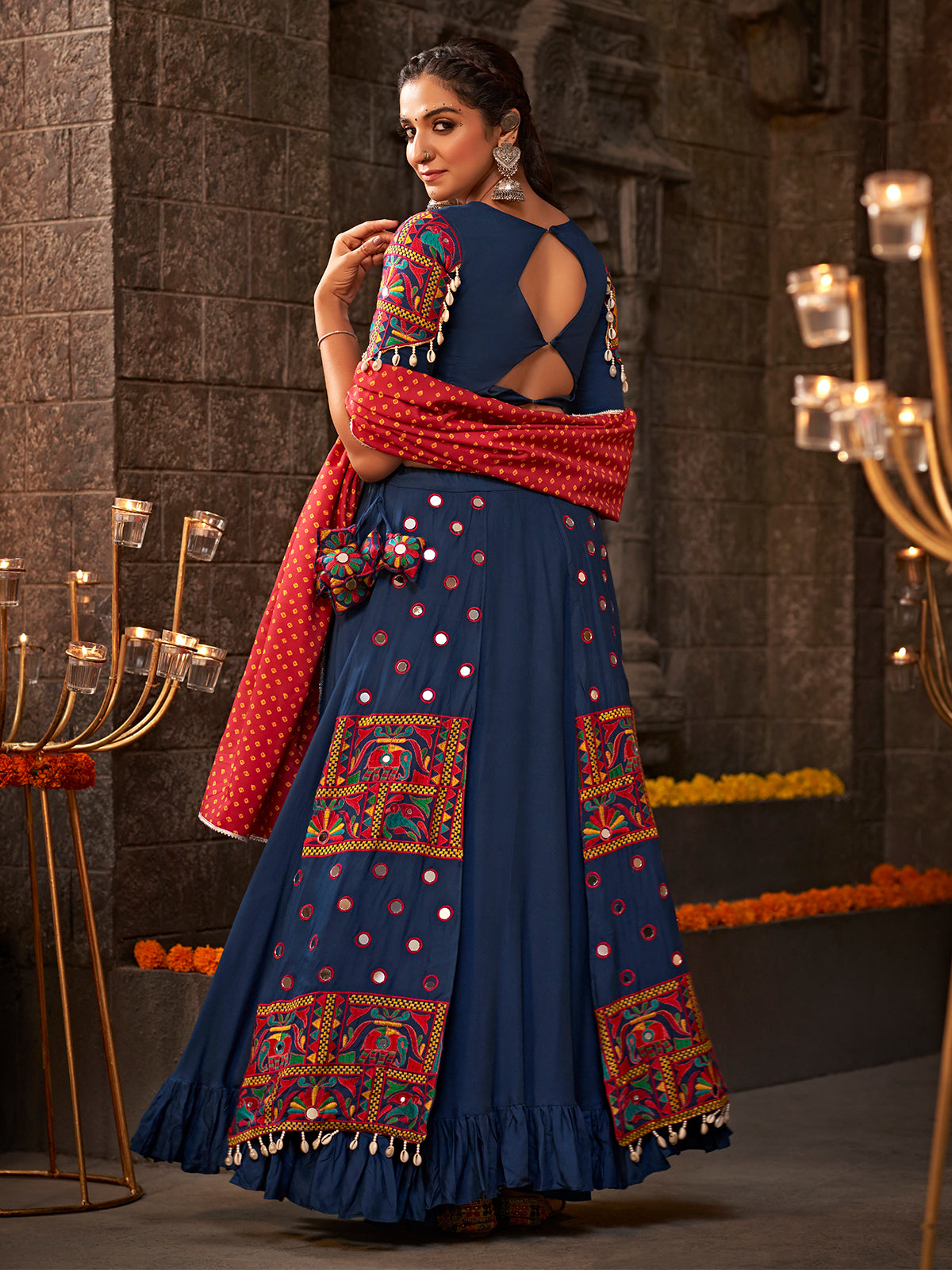 Blue Viscose Rayon Embroidered Semi Stitched Lehenga Choli