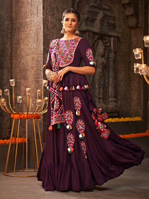 Purple Viscose Rayon Embroidered Semi Stitched Lehenga Choli