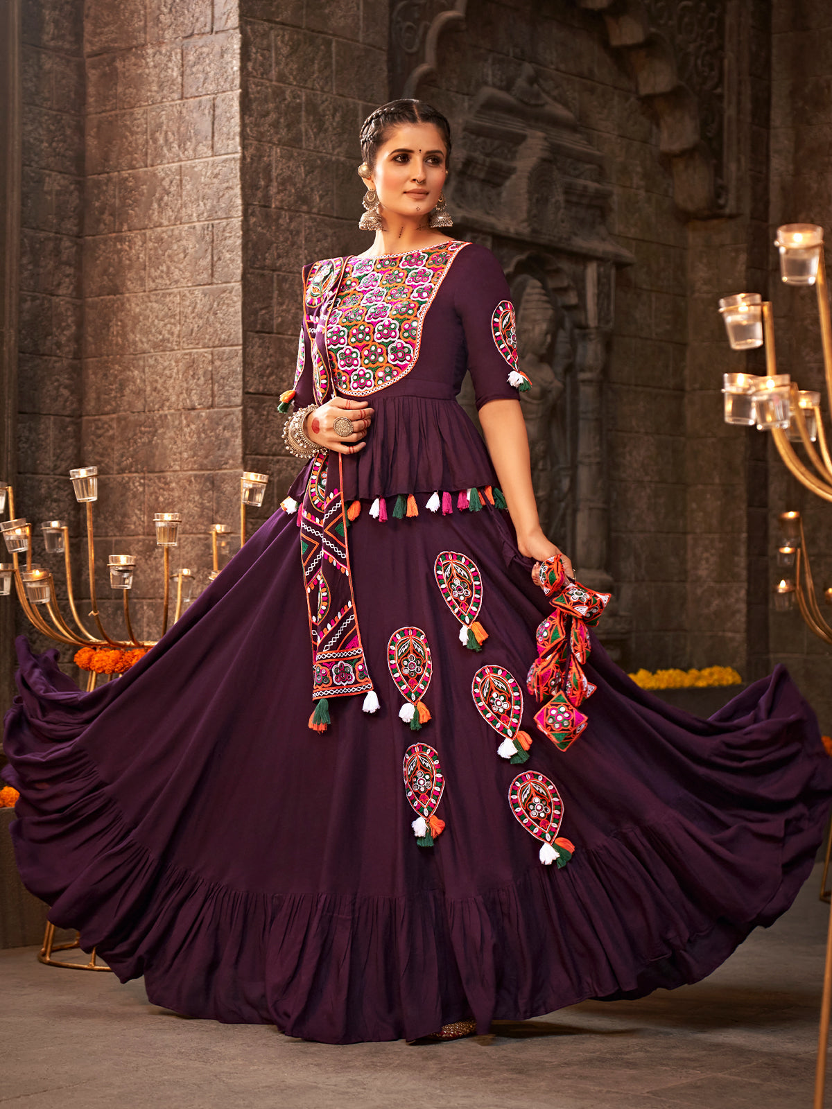 Purple Viscose Rayon Embroidered Semi Stitched Lehenga Choli