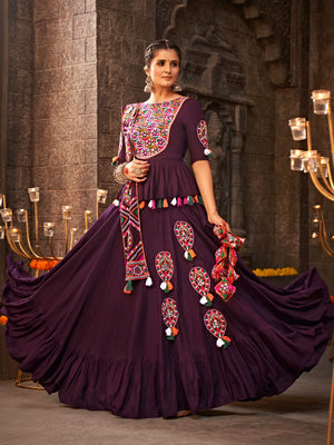 Purple Viscose Rayon Embroidered Semi Stitched Lehenga Choli