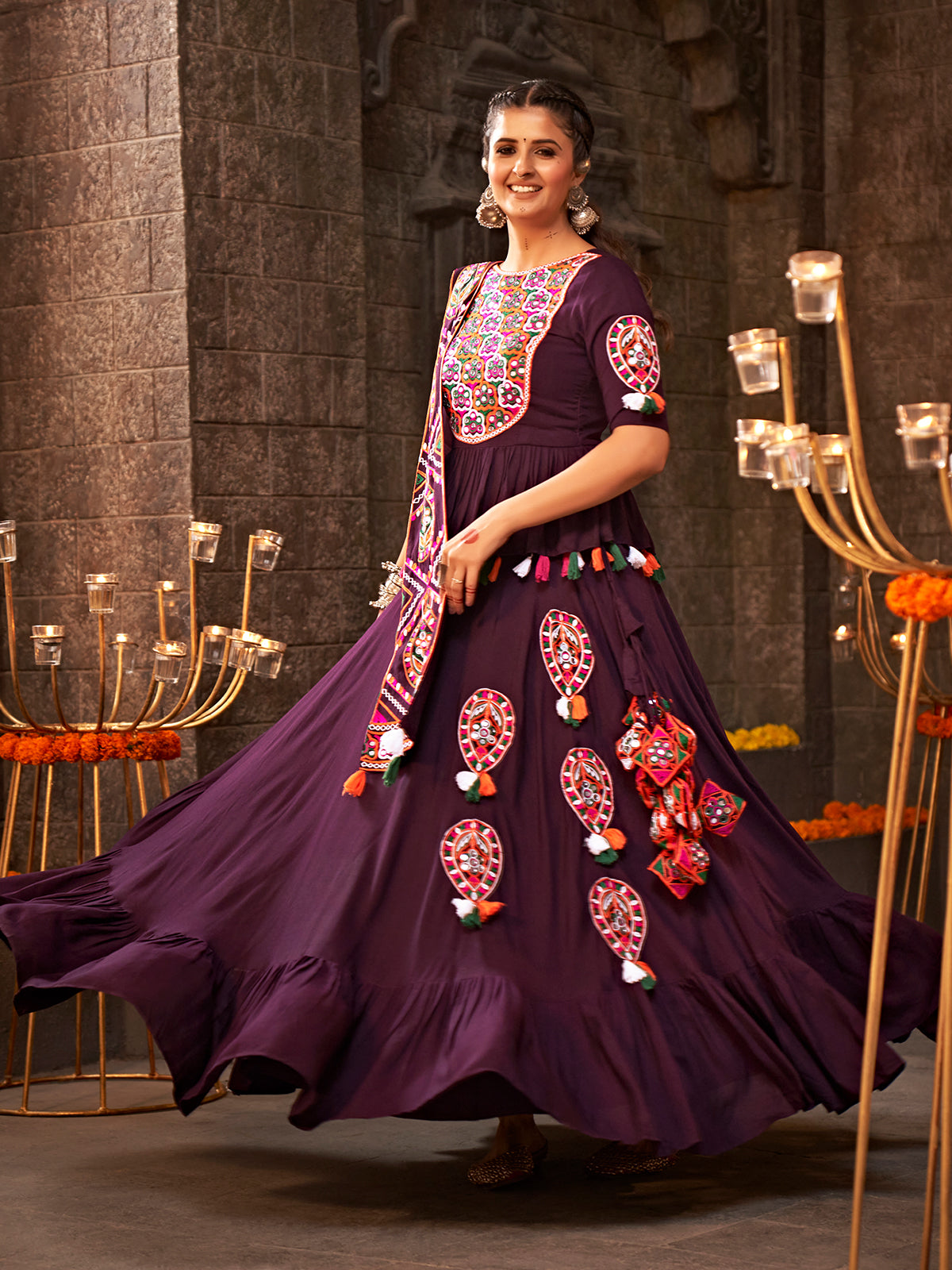 Purple Viscose Rayon Embroidered Semi Stitched Lehenga Choli
