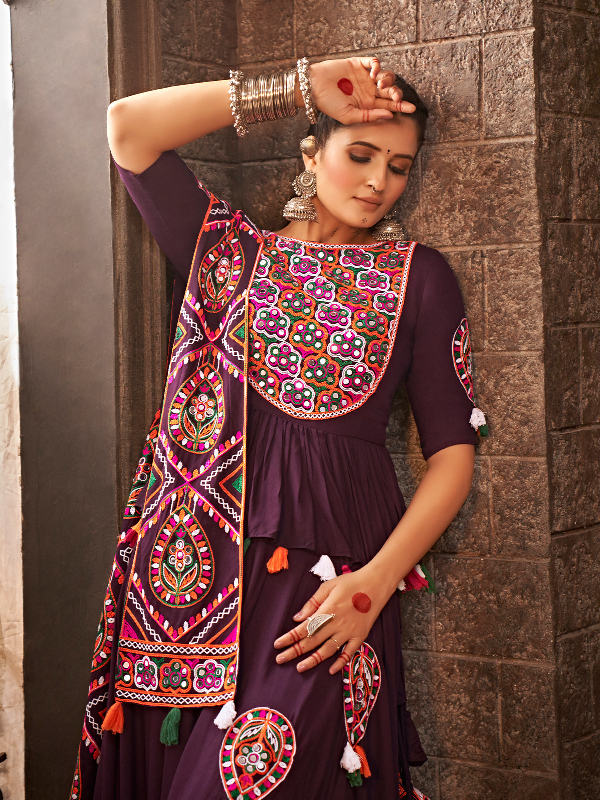 Purple Viscose Rayon Embroidered Semi Stitched Lehenga Choli