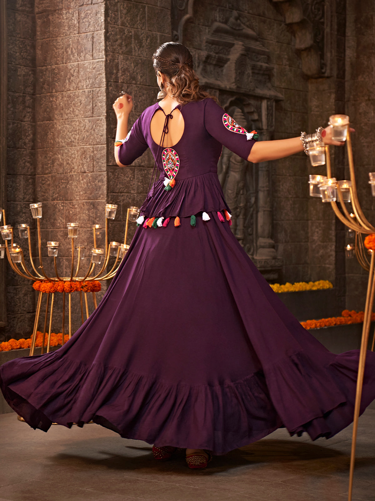 Purple Viscose Rayon Embroidered Semi Stitched Lehenga Choli