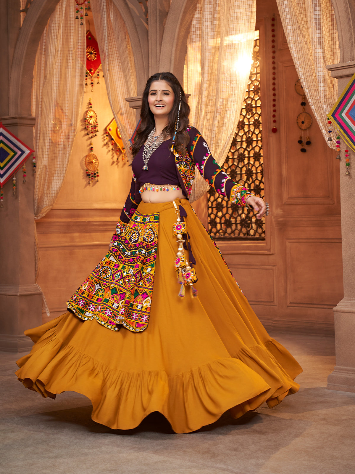Mustard Viscose Rayon Embroidered  Stitched Lehenga Choli