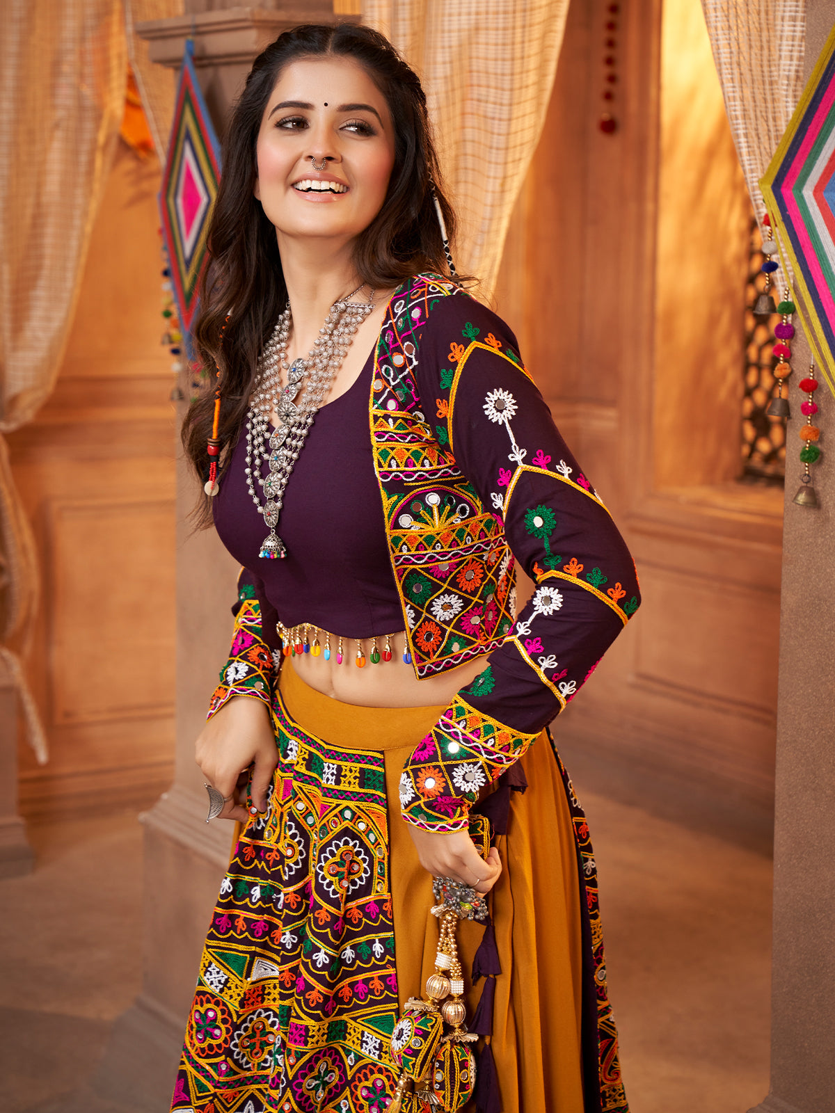 Mustard Viscose Rayon Embroidered  Stitched Lehenga Choli