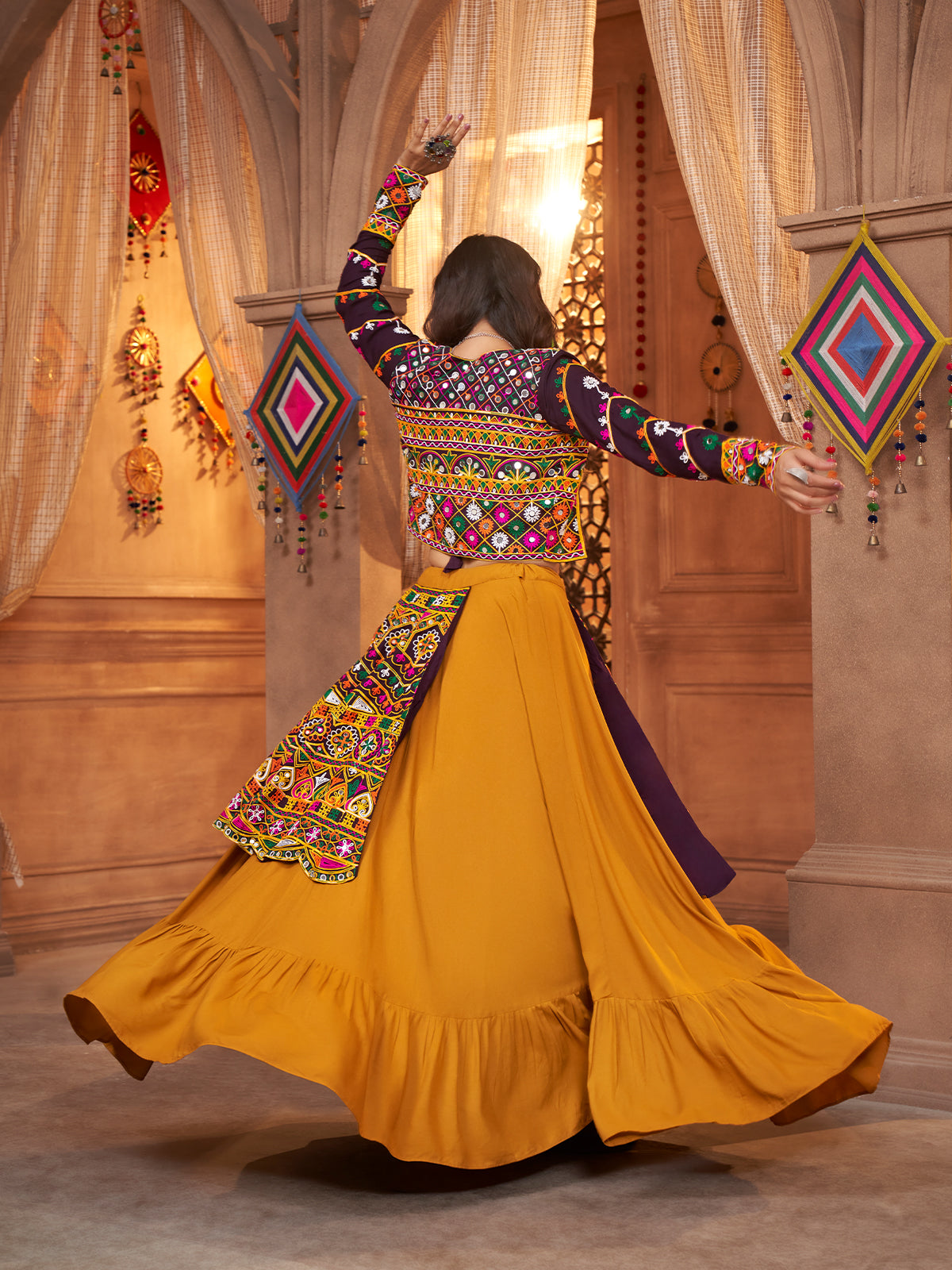 Mustard Viscose Rayon Embroidered  Stitched Lehenga Choli