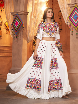 White Viscose Rayon Embroidered  Stitched Lehenga Choli