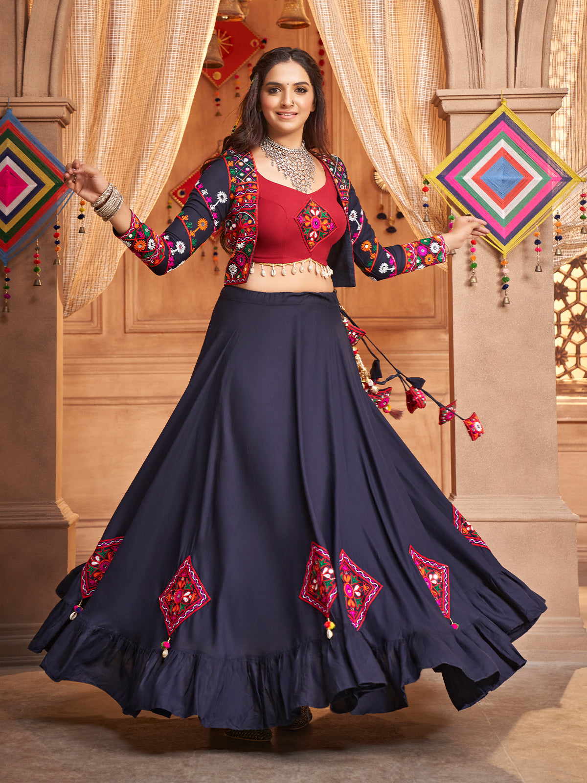 Blue Viscose Rayon Embroidered  Stitched Lehenga Choli