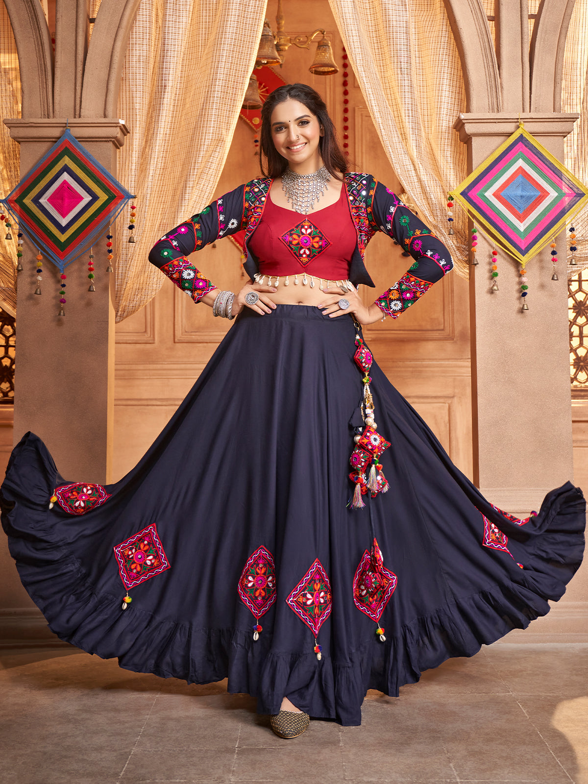 Blue Viscose Rayon Embroidered  Stitched Lehenga Choli