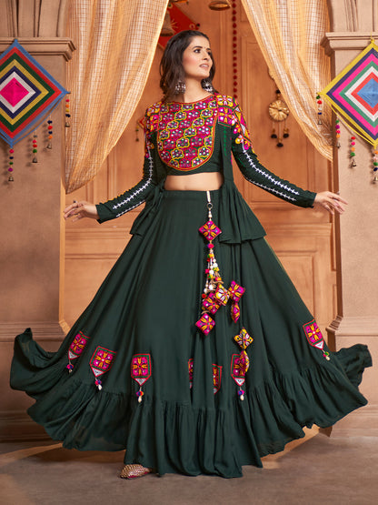 Green Viscose Rayon Embroidered  Stitched Lehenga Choli