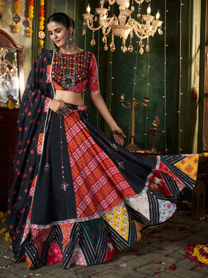 Rajwada Black Cotton Blend Printed Stitched Lehenga With Blouse For Women