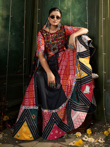 Rajwada Black Cotton Blend Printed Stitched Lehenga With Blouse For Women