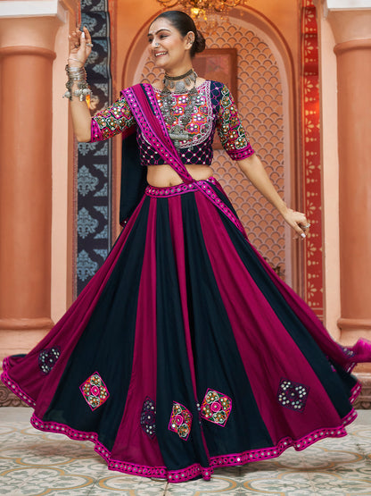 Rajwada Pink And Blue Rayon Embroidered Stitched Lehenga With Blouse For Women