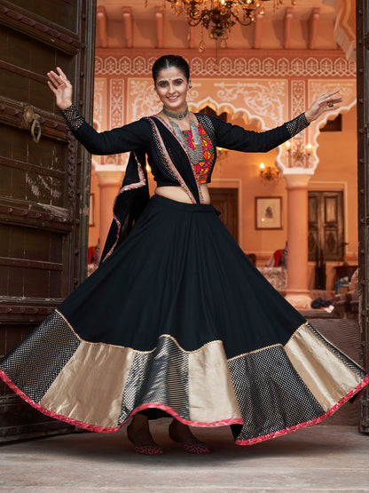 Rajwada Black And Gold Rayon Printed Stitched Lehenga With Blouse For Women