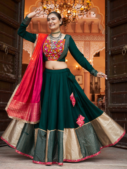 Rajwada Green And Gold Rayon Printed Stitched Lehenga With Blouse For Women