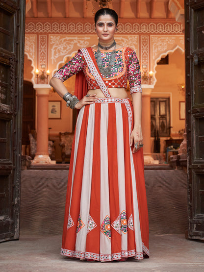 Rajwada Orange And White Rayon Embroidered Stitched Lehenga With Blouse For Women