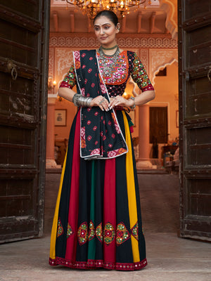 Rajwada Multicolor Rayon Embroidered Stitched Lehenga With Blouse For Women