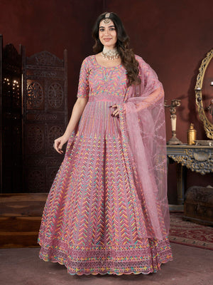 Rajwada Pink Net Embroidered Stitched Gown For Women