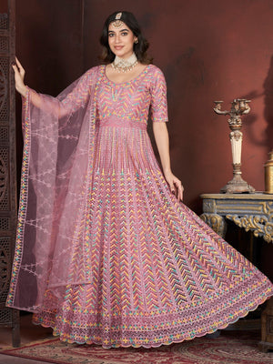 Rajwada Pink Net Embroidered Stitched Gown For Women