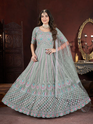 Rajwada Light Green Net Embroidered Stitched Gown For Women