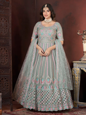 Rajwada Light Green Net Embroidered Stitched Gown For Women