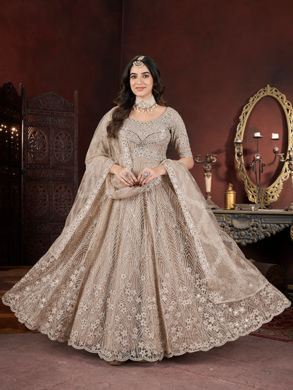 Rajwada Beige Net Embroidered Stitched Gown For Women