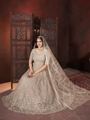 Rajwada Beige Net Embroidered Stitched Gown For Women