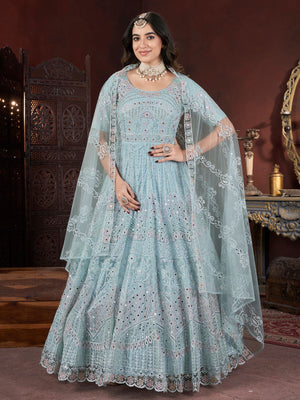 Rajwada Light Blue Net Embroidered Stitched Gown For Women