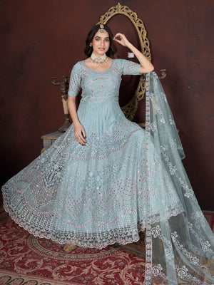 Rajwada Light Blue Net Embroidered Stitched Gown For Women
