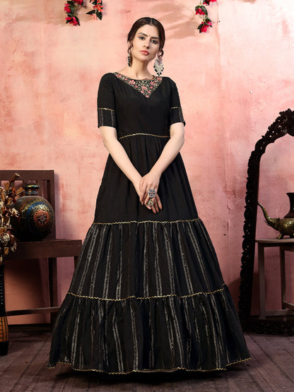 Rajwada Women Designer Black Silk Semi Stitched Gown