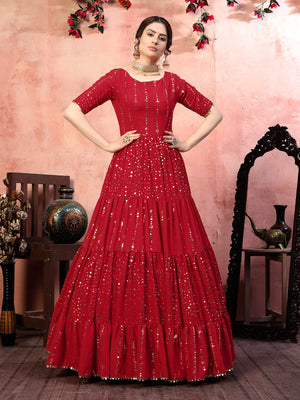 Rajwada Women Designer Red Silk Semi Stitched Gown