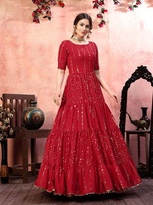 Rajwada Women Designer Red Silk Semi Stitched Gown