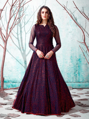 Rajwada Women Designer Dark Blue Net Semi Stitched Gown