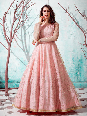 Rajwada Women Designer Pink Net Semi Stitched Gown